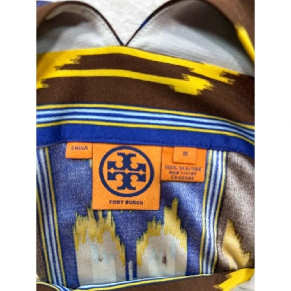 Tory Burch Silk Ikat Print V-Neck  Midi‎ Dress Blue Yellow Brown Size M #927